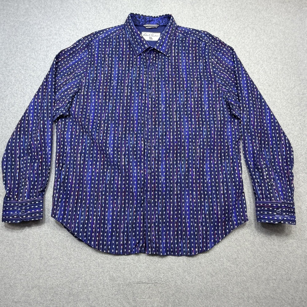 Robert Graham Shirt Mens XXL Blue Stripe Geometric Micro Corduroy Preppy Casual